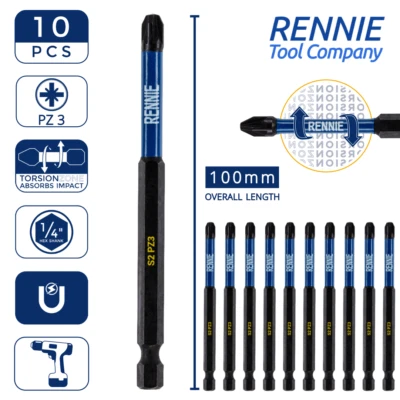RENNIE TOOL COMAPNY 10 x PZ3 100mm Long Magnetic Impact Duty Screwdriver Drill Driver Bits Pozi 3