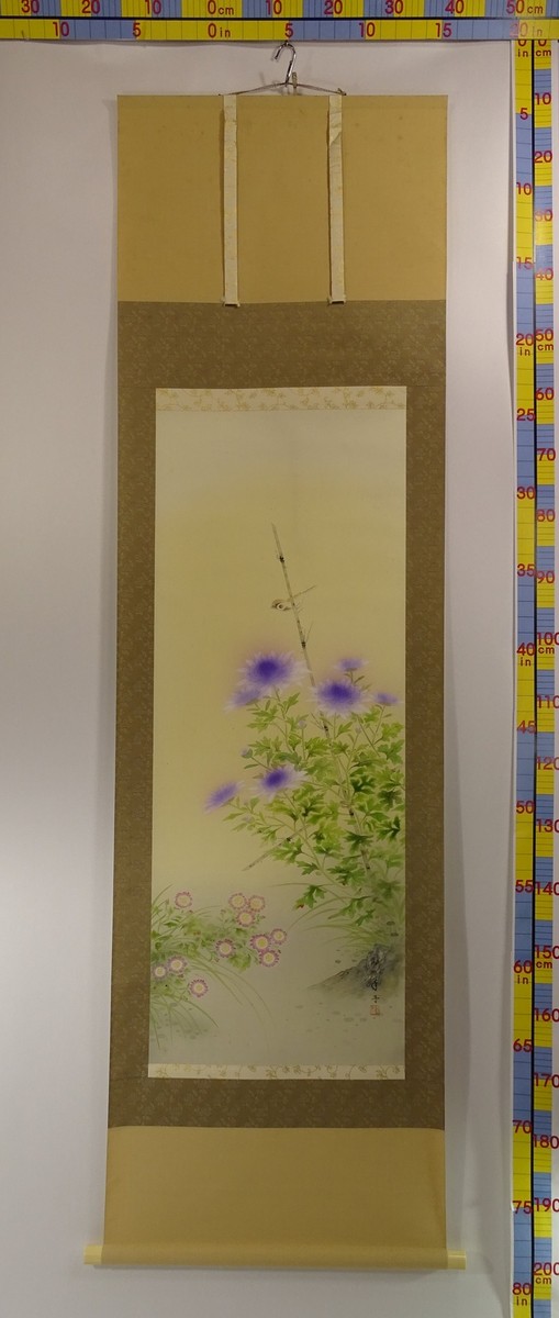 IK738 Japanese Hanging Scroll: Blue Chrysanthemums & Sparrows