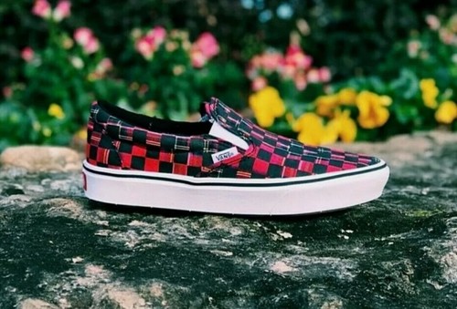 red plaid vans slip on