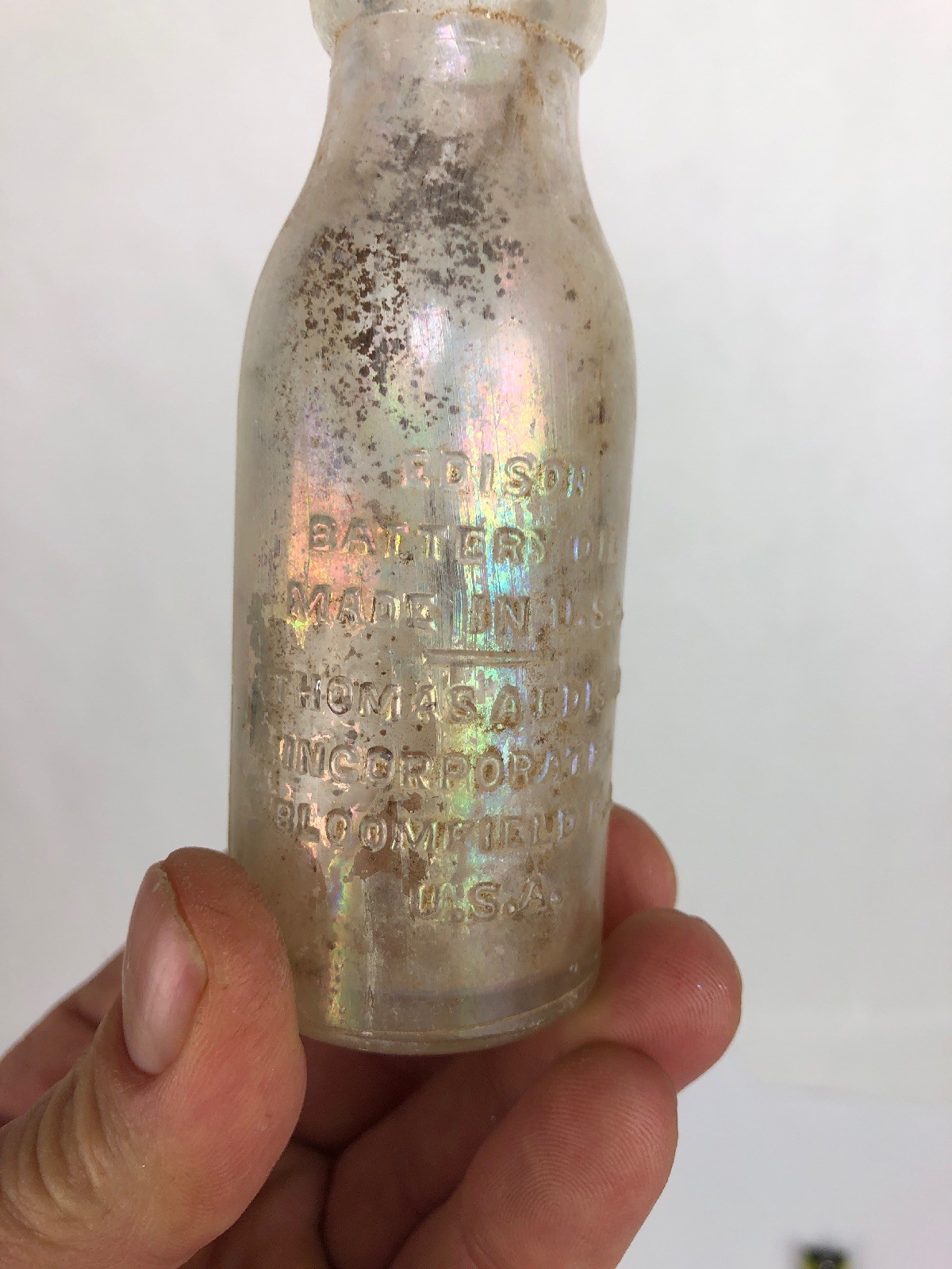 Rare Vintage Thomas Edison Battery Oil Clear Glass Bottle 4 1/8" Fast