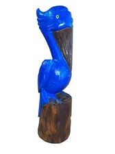 SITTING PELICAN ON PILING HAND CARVED WOOD TROPICAL SCULPTURE BIRD DECOR