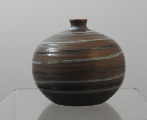 Vintage Hand Made Vase Pottery Brown Blue Grey Stripe 4 3/8" GD14 - Picture 4 of 9