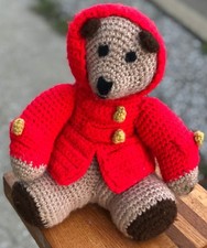 Vintage 12" Handmade Folk Knit Knitted Paddington Teddy Red Jacket Bear Plush