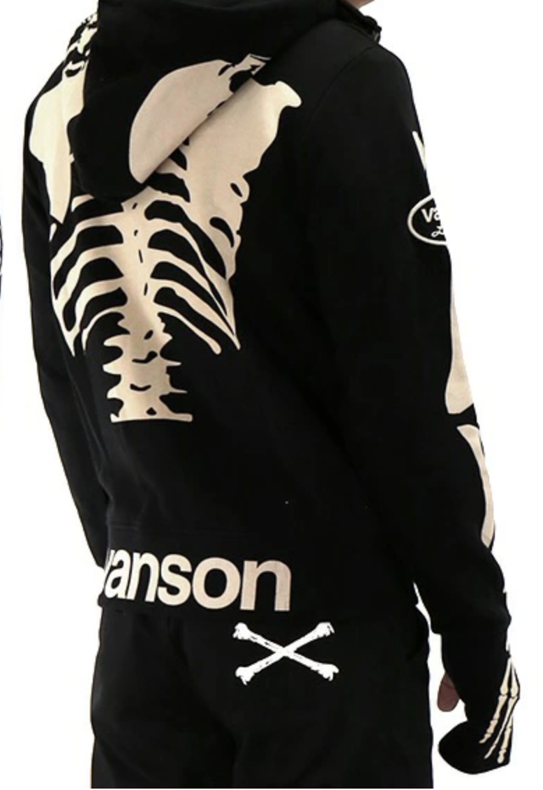 VANSON Hoodie Human Bone Size Black Stand Collar Full Zip M, L, XL