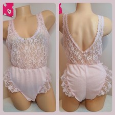 VTG 70s Dreamwear Lingerie Lace Ruffle Teddy Bodysuit Size M - Baby Pink