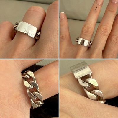Authentische Gucci Logo Platte Sterlingsilber Kette Ring klobig schwer