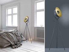 RETRO Scheinwerfer Stehleuchte Schwarz/Gold mit Dreibeinstativ Tripod Stehlampen