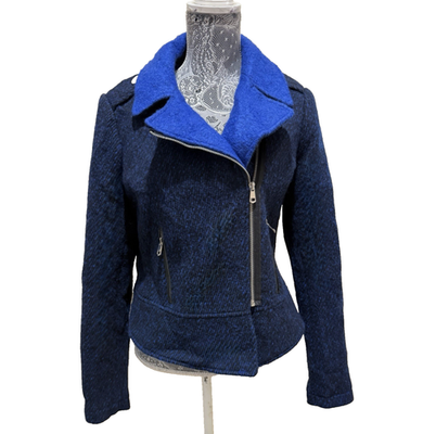 French Connection Womens Moto Jacket Wool Tweed Leather Trim Blue