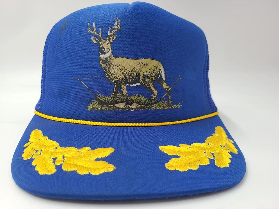 De colección Ciervo Alce Huevos Revueltos Hojas Doradas Malla Camionero Snapback Sombrero Gorra Azul Foto 2 de 4