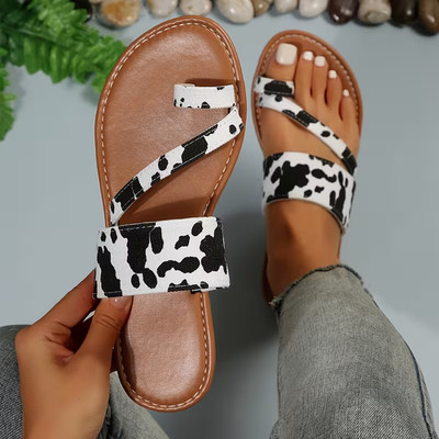 Cow Print Slides Comfy Summer Beach Loop Toe Flats