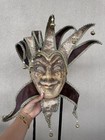Vintage Face Jester Costume Mask with Bells & Ties, Adjustable, Gold Brown
