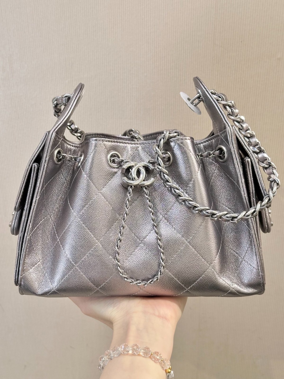 Chanel 25 Bag Mini Hobo Silver Leather Handbag