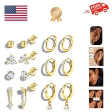 Hypoallergenic 14K Gold Plated Stud Hoop Earrings for Women - Surgical Stainl...