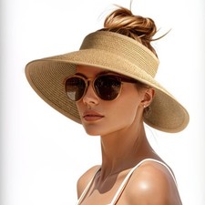 Women s Straw Wide Brim Visor Hat UV Protection Packable One Size