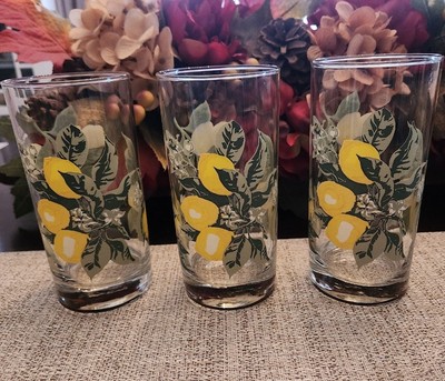 Set of 3 Royal Norfolk Lemon Print Green Leaf Summer Drinking Glasses 16 oz