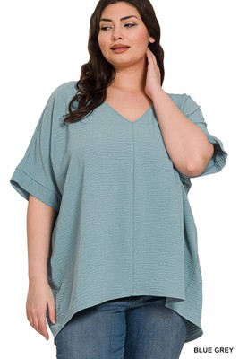 Zenana Women's Woven Airflow V-Neck Dolman Short Sleeve Top- Plus Size