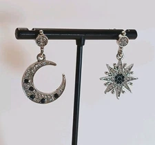 Silver Moon Star Post Back Dangle Earrings