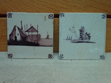 Antique Delft 1700's Waterfront and  Boat Landscape Scene tiles - Set of 2
