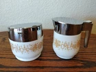 Vintage Gemco Milk Glass Gold Butterfly Pattern Cream And Sugar Set Retro MCM