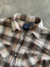 Vintage 70s Sears 100 Cotton Flannel Plaid Shirt Large Brown Tan