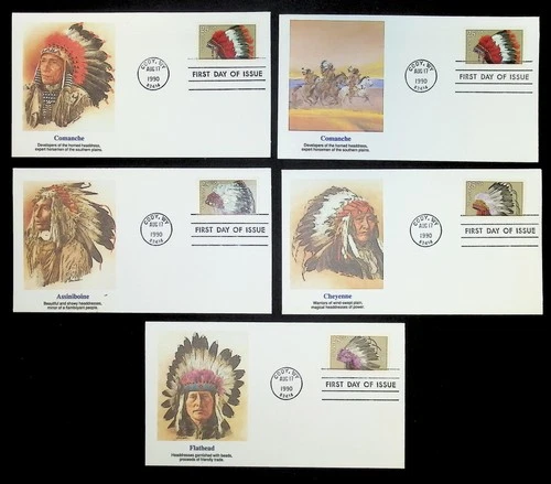 US FDC # 2501-2505 25c Indian Headdress  Fleetwood 5 FDC's S.cancel 1990, 9Q5320
