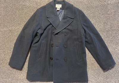 LL Bean Men Jacket Large Tall LT Black Navy Anchor Pea Coat Italy