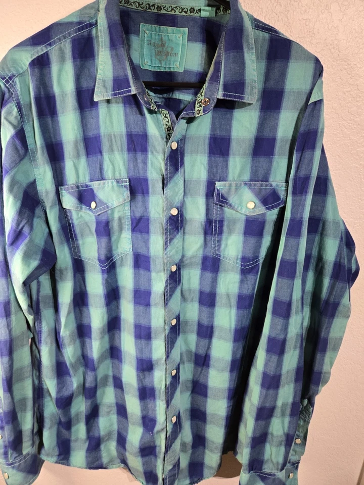 Age of Wisdom Para Hombres Talla XL Perla Camisa Abotonada Azul Cuadros Vaquero Camiseta Y2K Foto 3 de 4