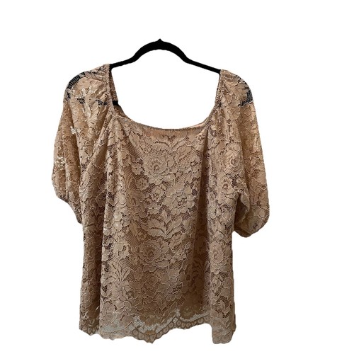 Nanette Lepore Beige Tan Lace Overlay Crochet Lined Top Women Size M Puff Sleeve