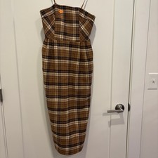 By Anthropologie Brown Plaid Strapless Midi Sheath Dress Wool Blend Size 2