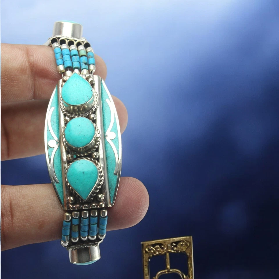 Handmade Turquoise Bracelet 925 Sterling Silver Multi Strand Beaded Adjustable - Image 2 of 4