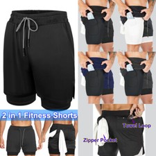 Man's 2 in 1 Compression Gym Workout Training Liner Phone Pocket Shorts Pants US