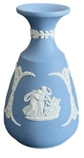 Vintage Wedgwood Blue Jasperware 5” Mini  Vase w/Ancient Greek Scenes