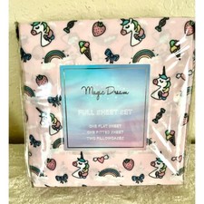 Unicorn Girly PINK FULL Size Sheet Set Bedding Strawberries