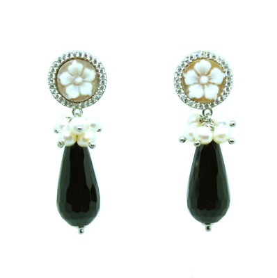OHRRINGE ONYX UND KAMEE MIT PERLEN UND ZIRKONIA 925 SILBER RHODINIERT GRIECHISCHER TURM