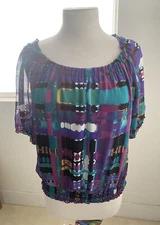 AB Studio Women's Multi Color Peasant Style Elastic Waist Top Blouse Size S