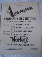 GRAND PRIX DES NATIONS NORTON WORLD'S BEST ROADHOL 1950 POSTER ADVERT A4 FILE 30