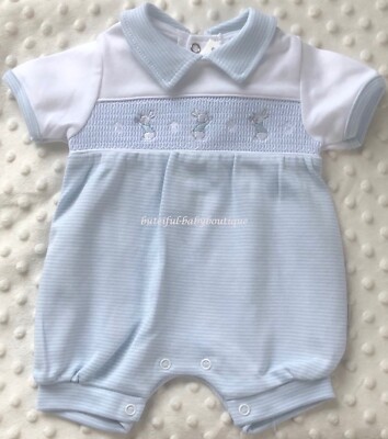 Dandelion Baby Boys Smocked Rabbits Romper Outfit Blue/White NB-0-3-6M