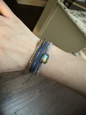 Bead Faux Leather Multi Strand Bracelet Adjustable Slide Blue/Grey/Tan