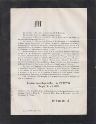 1884 Sterbeurkunde Louis-Auguste-Henry de PELLETIER de LA GUARD - Lyon.