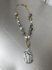 Statement Stone Pendant Necklace Gray Floral Beaded Charm Accents