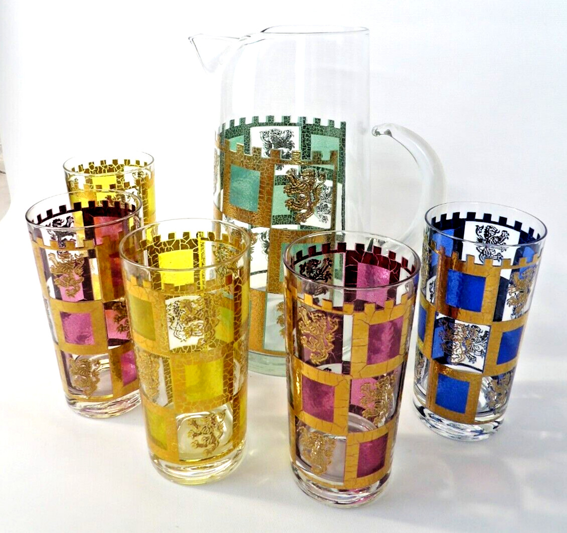 West Virginia Glass Henry 8th Lion Castle Rampart Crest 6 Pc Pitcher & Glass Set