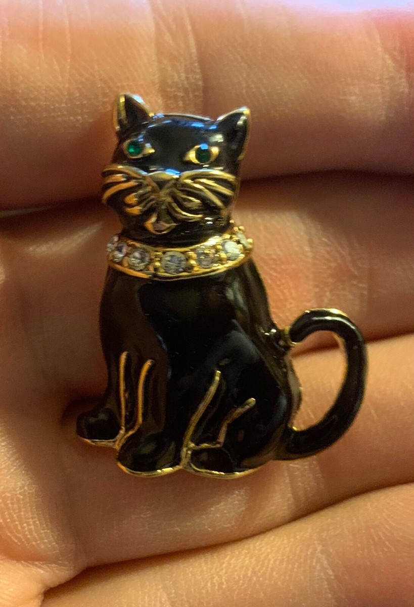 Vintage MONET Signed Black Enamelled Cat Pin Brooch