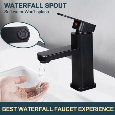 Bathroom Faucet Hot & Cold Mixer Tap - Deck Mounted Black Square Basin Sink Fauc