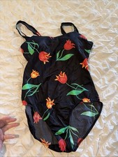 Vintage Le Cove One Piece Swimsuit Black Tulip Floral Size 12 Retro 90s
