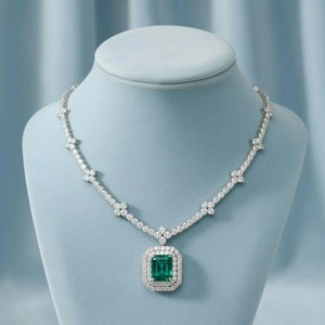 Authentic 15Ct Emerald Lab Created Emerald Women's Tennis Necklace 14K White Gold Plated