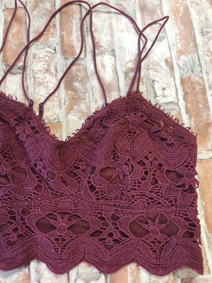 Y2K Free People Burgundy Bralette S/P Floral Strappy Crochet Lace Boho Crop Top - Image 4 of 4
