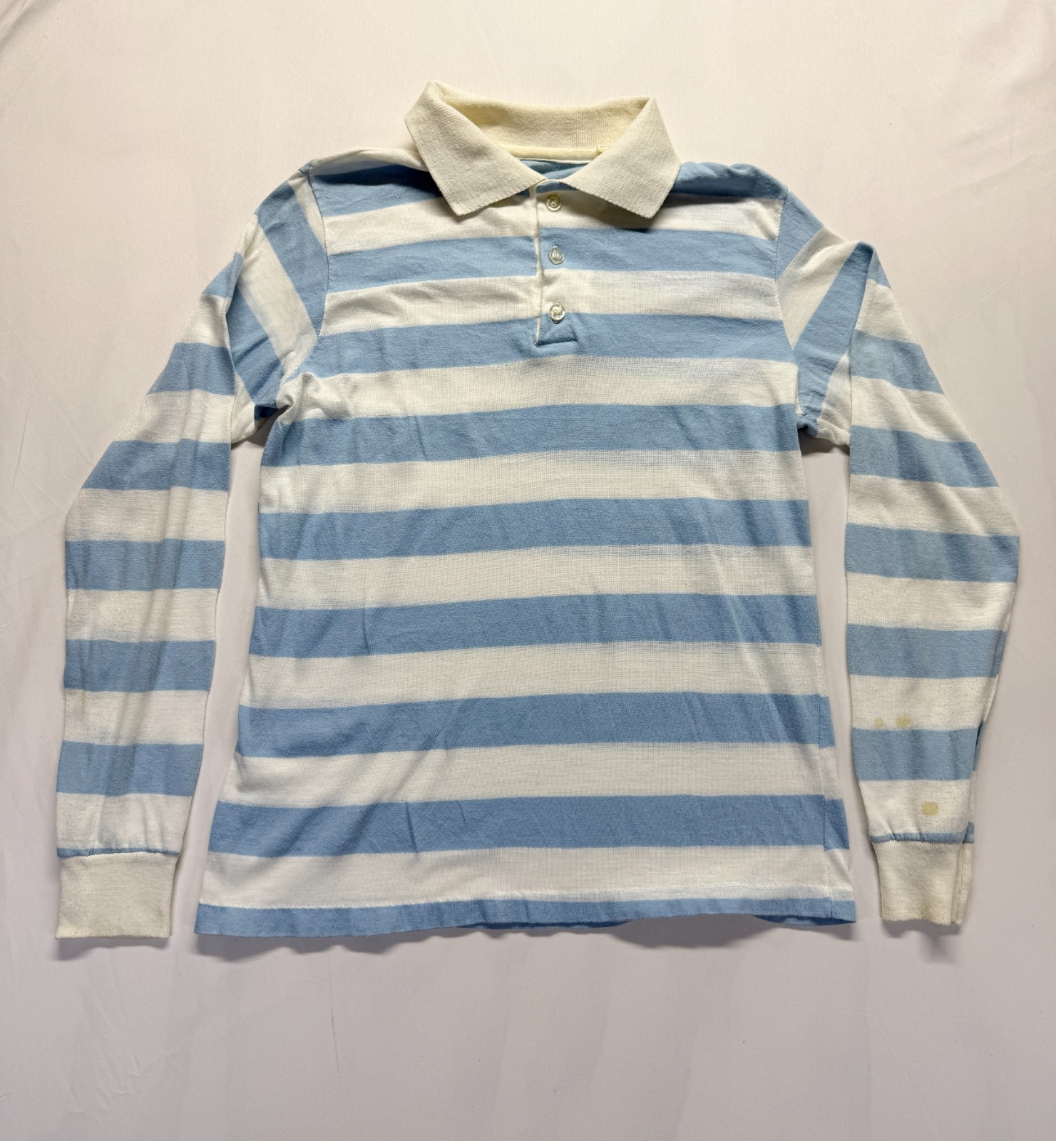 Vintage Polo Shirt Mens Small Blue White Horizontal Striped Cotton Ribbed Golf