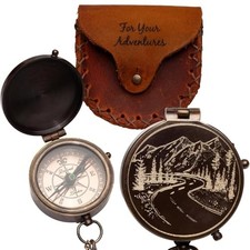 Engraved Compass Gift for Men   Vintage Brass Pocket Compass Mountains  Road