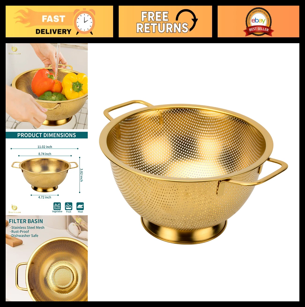 3 Quart Stainless Steel Colander Strainer with Handles & Self-Draining Base - Go
