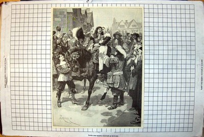 Antique Print Cavalier Feathered Hat Hing Maiden Horseback Crowd C1888 154J 19th